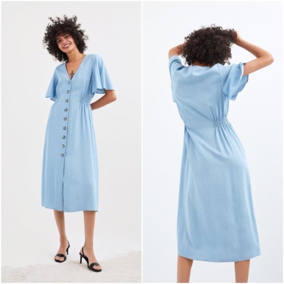 Zara tencel chambray denim button front midi dress - XS - Picture 1 of 3